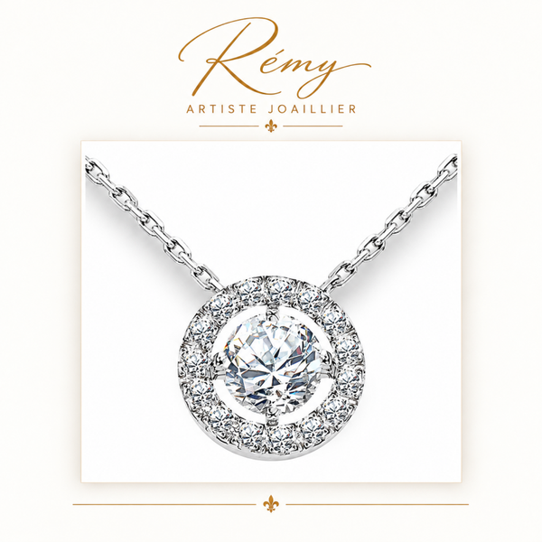 Collier diamants entourage – Or blanc 750 – Diamants GVS 0,97 ct