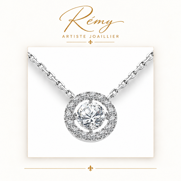 Collier diamants entourage – Or blanc 750 – Diamants GVS 0,37 ct