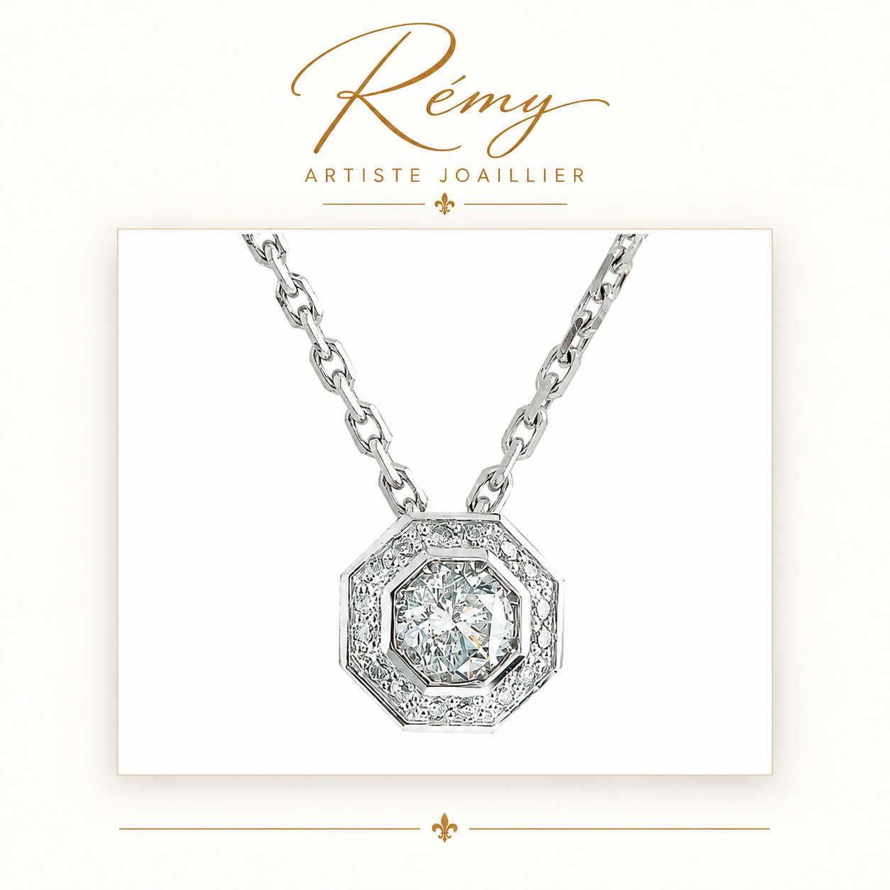Collier Octogone – Or blanc 750 – Diamants GVS 0,13 ct