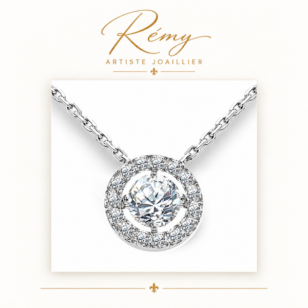 Collier diamants entourage – Or blanc 750 – Diamants GVS 0,54 ct