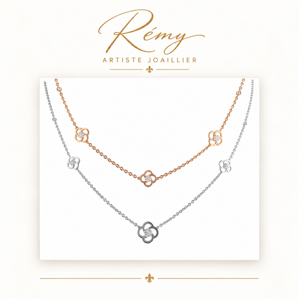 Collier trois motifs diamants – Or blanc 750 – Diamants GVS 0,18 ct