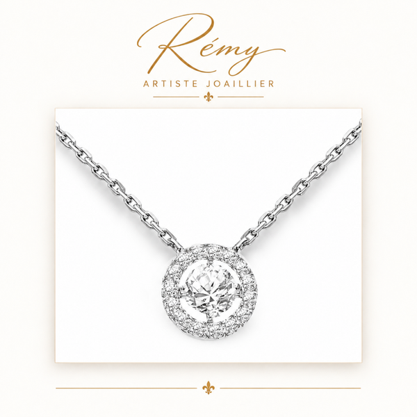 Collier diamants entourage – Or blanc 750 – Diamants GVS 0,23 ct
