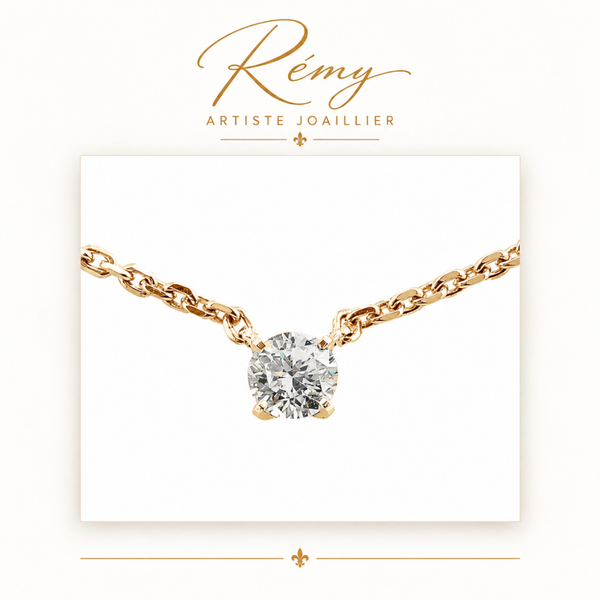 Collier solitaire quatre griffes – Or jaune 750 – Diamant GVS 0,40 ct