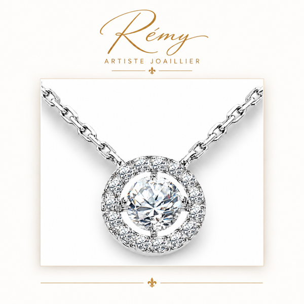 Collier diamants entourage – Or blanc 750 – Diamants GVS 0,65 ct