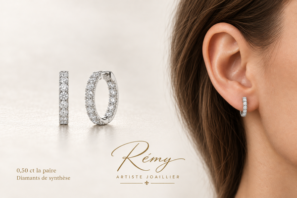 Créoles en or blanc et diamants de synthèse — 0,50 carat la paire