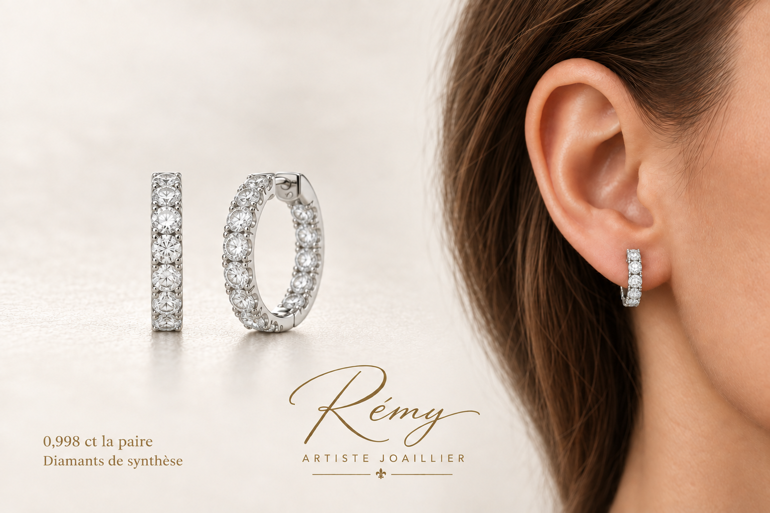 Créoles en or blanc et diamants de synthèse — 0,998 carat la paire