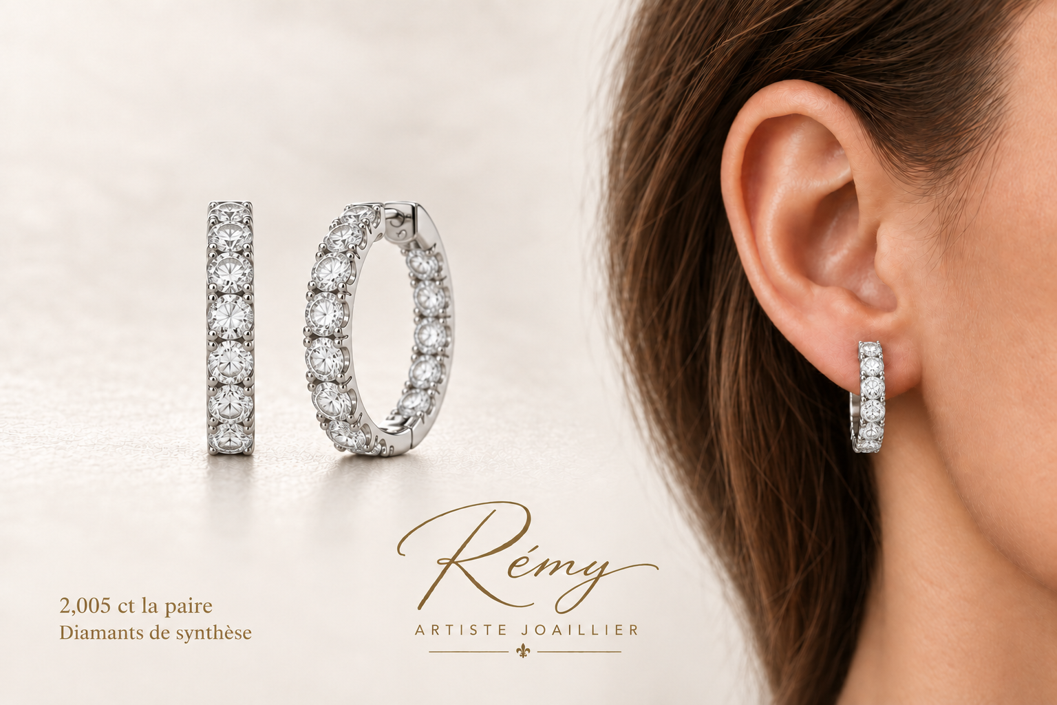 Créoles en or blanc et diamants de synthèse — 2,005 carats la paire