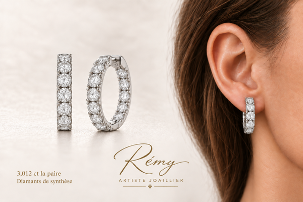 Créoles en or blanc et diamants de synthèse — 3,012 carats la paire