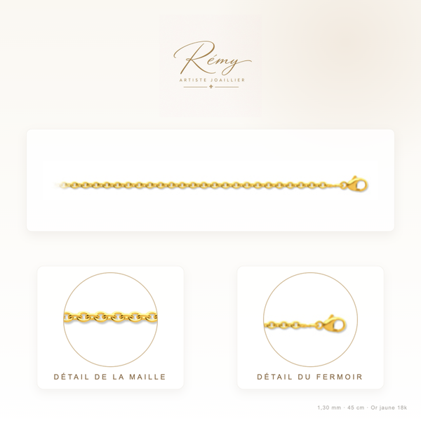 Chaîne maille Forçat ronde 1,30 mm, 45 cm, Or jaune 18k