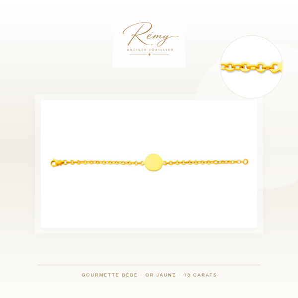Gourmette bébé en or jaune 750 — Maille Lentille, plaque ronde