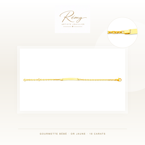 Gourmette bébé en or jaune 750 — Forçat diamantée, plaque rectangle
