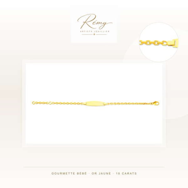 Gourmette bébé en or jaune 750 — Forçat diamantée, plaque tonneau
