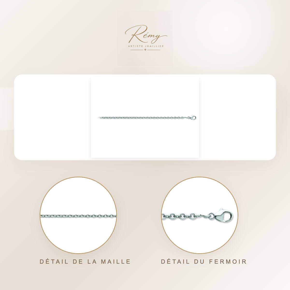 Chaîne maille Forçat ronde 1,10 mm, 45 cm, Or blanc 18k rhodié