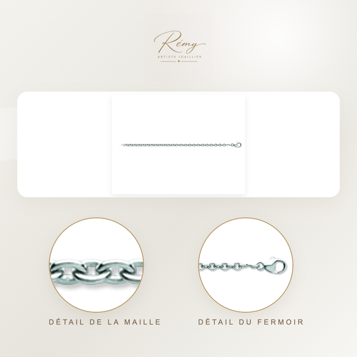Chaîne maille Forçat ronde 1,50 mm, 45 cm, Or blanc 18k rhodié