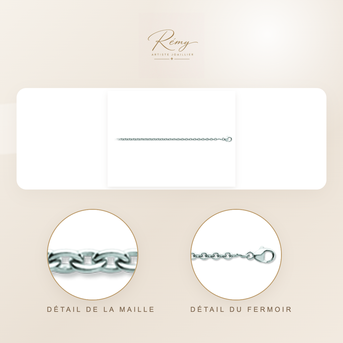 Chaîne maille Forçat ronde 1,70 mm, 45 cm, Or blanc 18k rhodié
