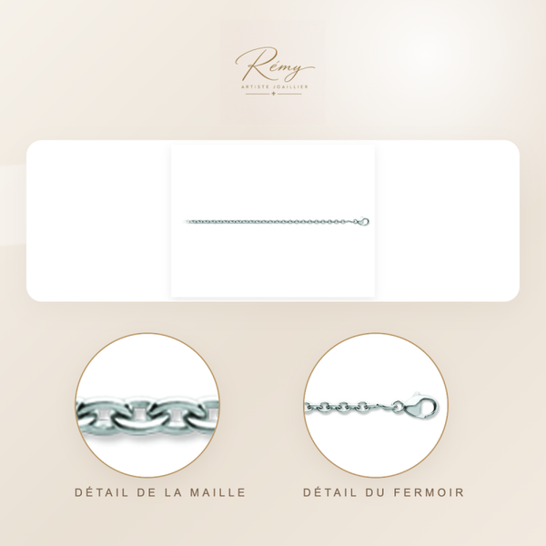 Chaîne maille Forçat ronde 1,70 mm, 45 cm, Or blanc 18k rhodié