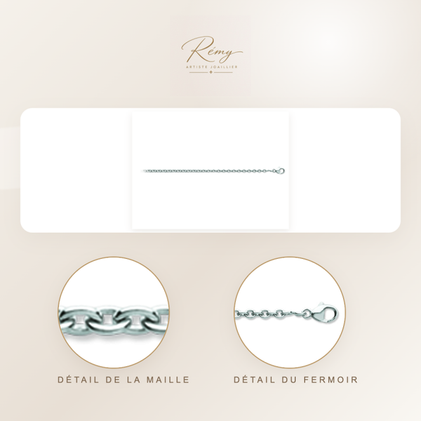 Chaîne maille Forçat ronde 2,10 mm, 45 cm, Or blanc 18k rhodié