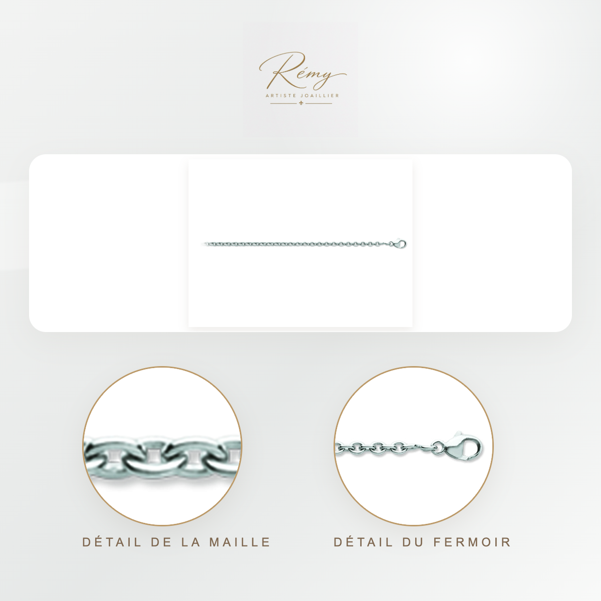 Chaîne maille Forçat ronde 2,30 mm, 45 cm, Or blanc 18k rhodié