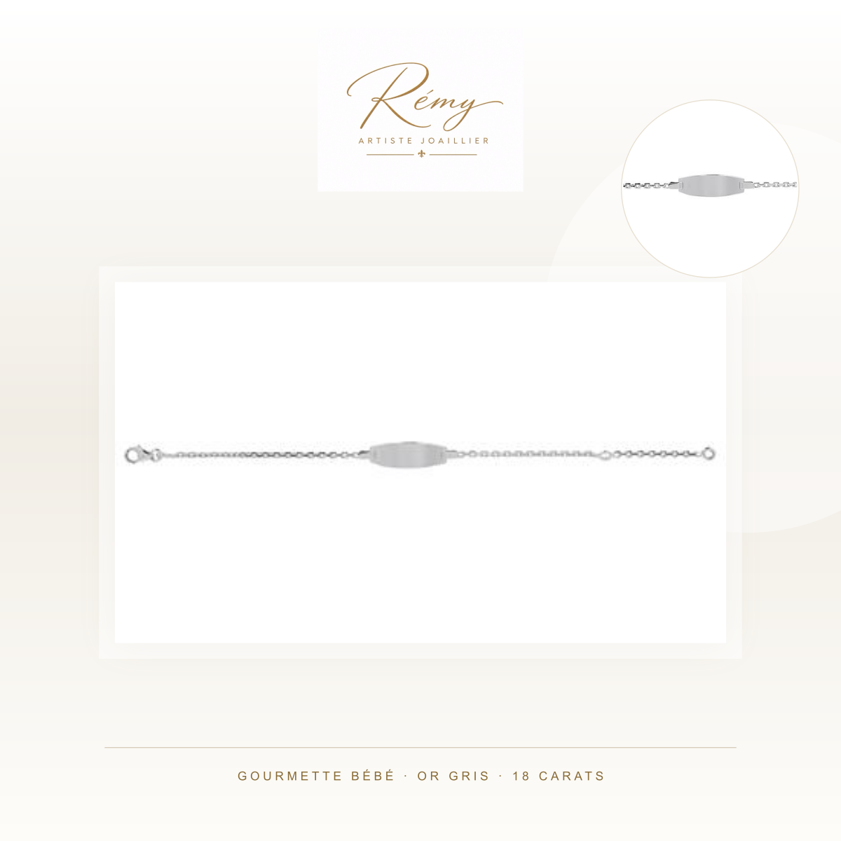Gourmette bébé en or gris 750 — Forçat diamantée, plaque tonneau