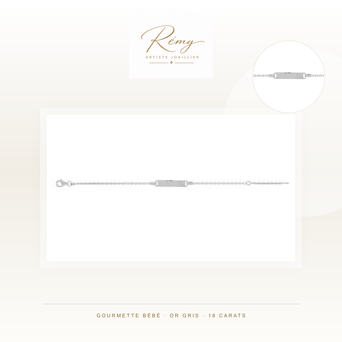 Gourmette bébé en or gris 750 — Forçat diamantée, plaque rectangle