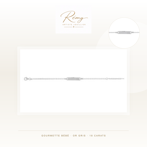 Gourmette bébé en or gris 750 — Forçat diamantée, plaque rectangle
