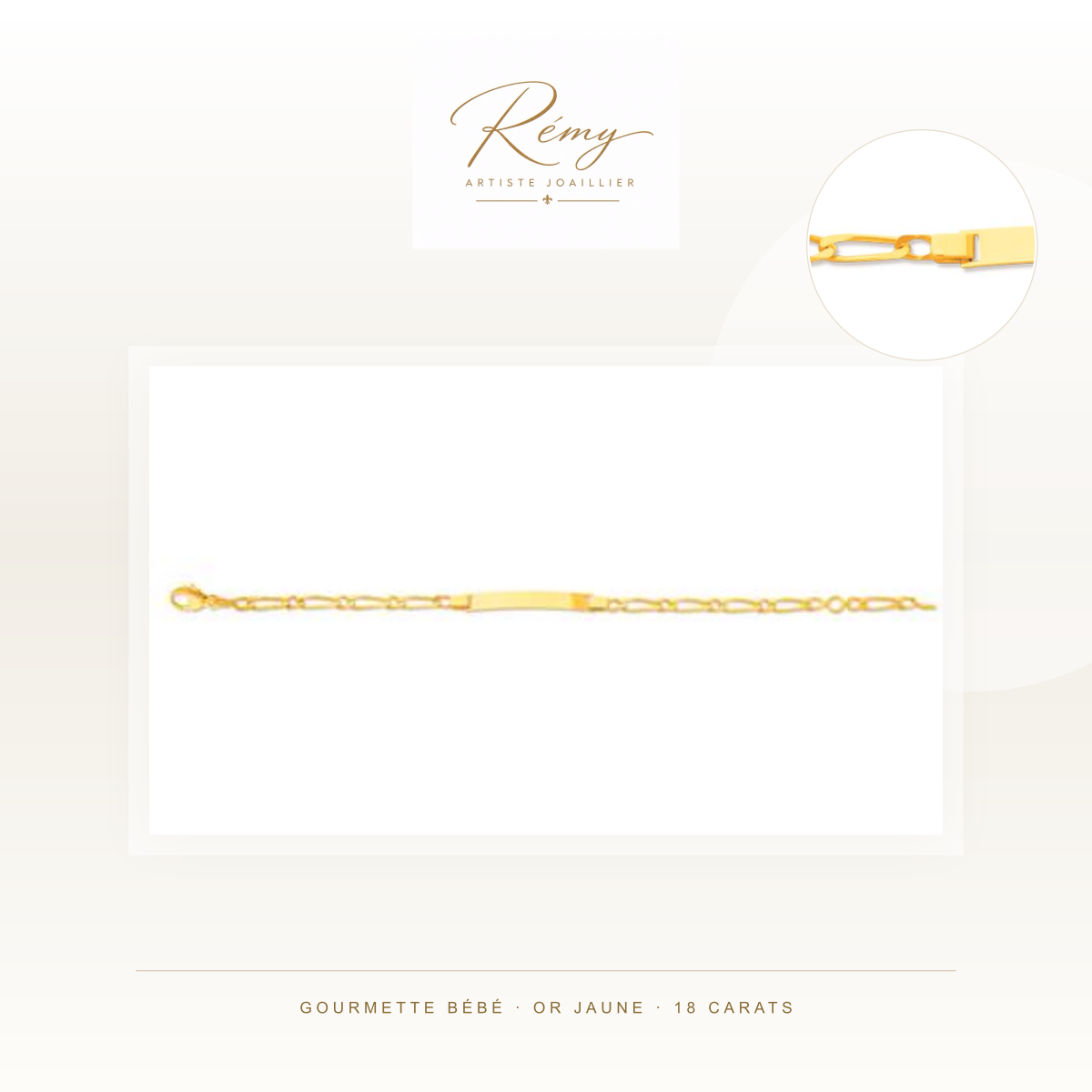 Gourmette bébé en or jaune 750 — Maille alternée 1/1, plaque rectangle