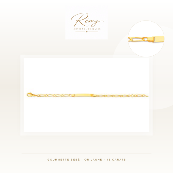 Gourmette bébé en or jaune 750 — Maille alternée 1/1, plaque rectangle