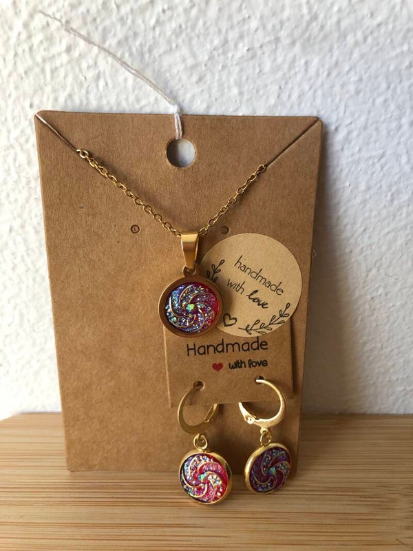 Goudkleurige ketting & oorbellen Glamour roze