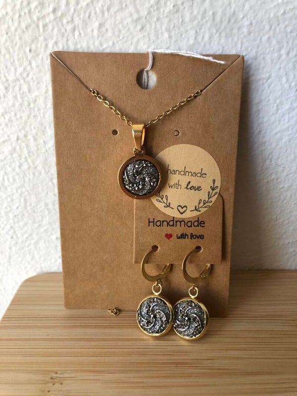 Goudkleurige ketting & oorbellen Glamour zwartgrijs