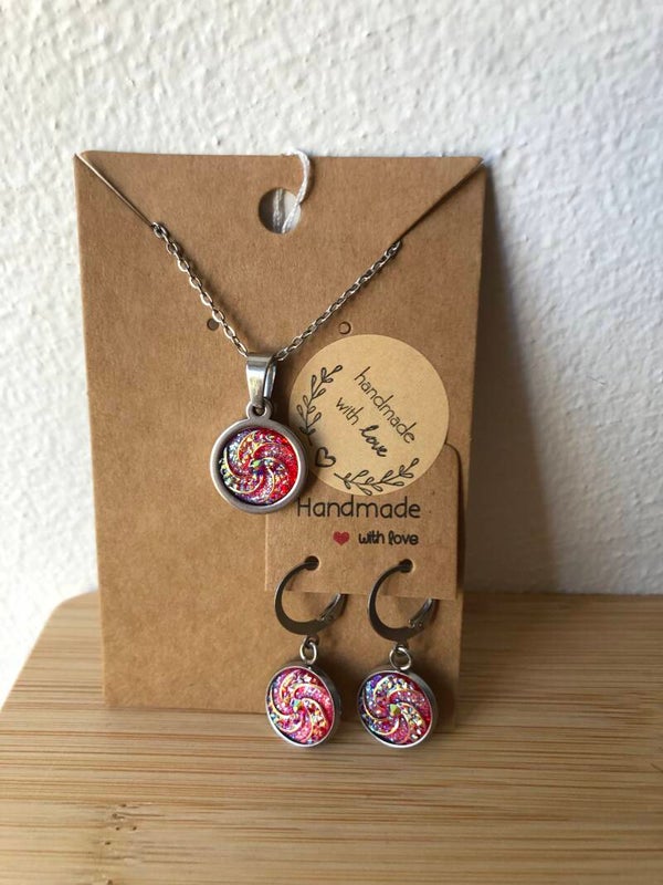 Zilverkleurige ketting & oorbellen Glamour roze