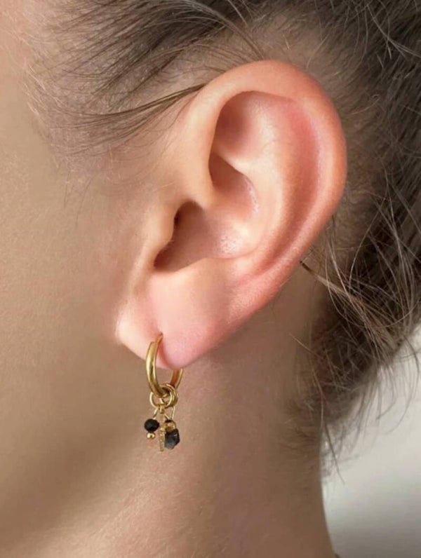 Mini créoles acier inoxydable pampilles pierres noires