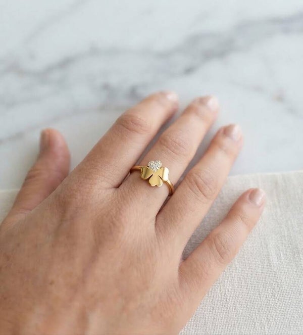 Bague trèfle acier inoxydable strass