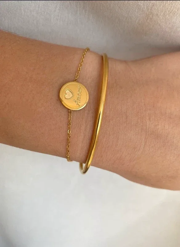 Bracelet jonc, chaînette breloque "Amour" acier inoxydable