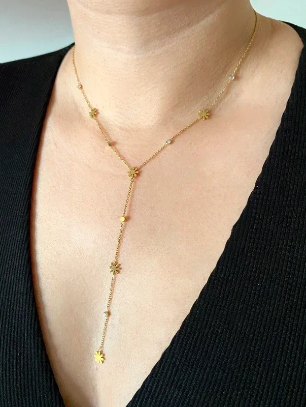 Collier décolleté en Y acier inoxydable fleurs et strass