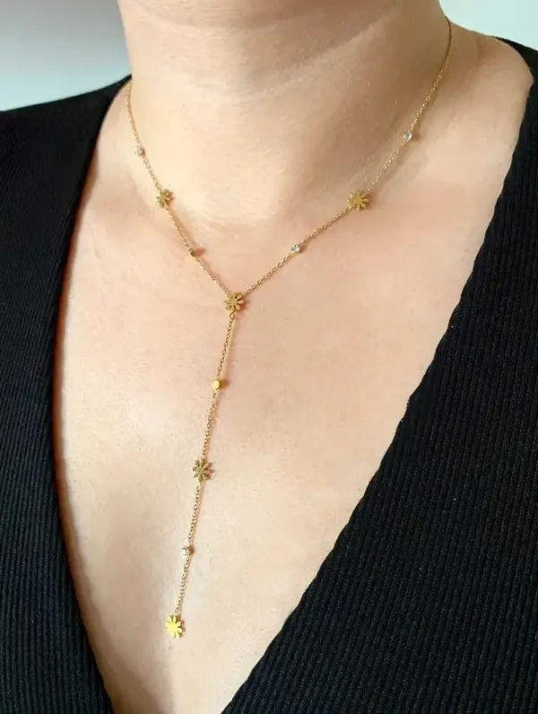 Collier décolleté en Y acier inoxydable fleurs et strass