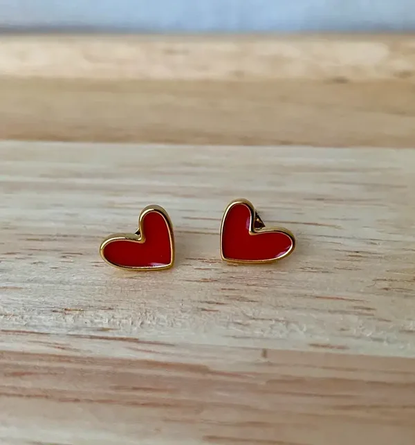 Boucles d'oreilles cœur émail rouge acier inoxydable