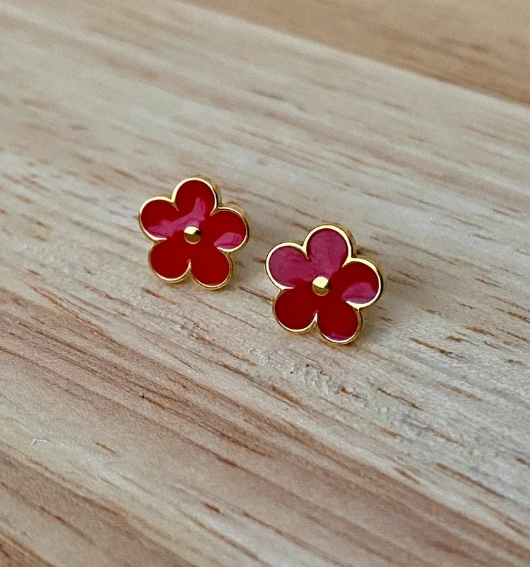 Boucles d'oreilles clous fleurs émail rouge acier inoxydable