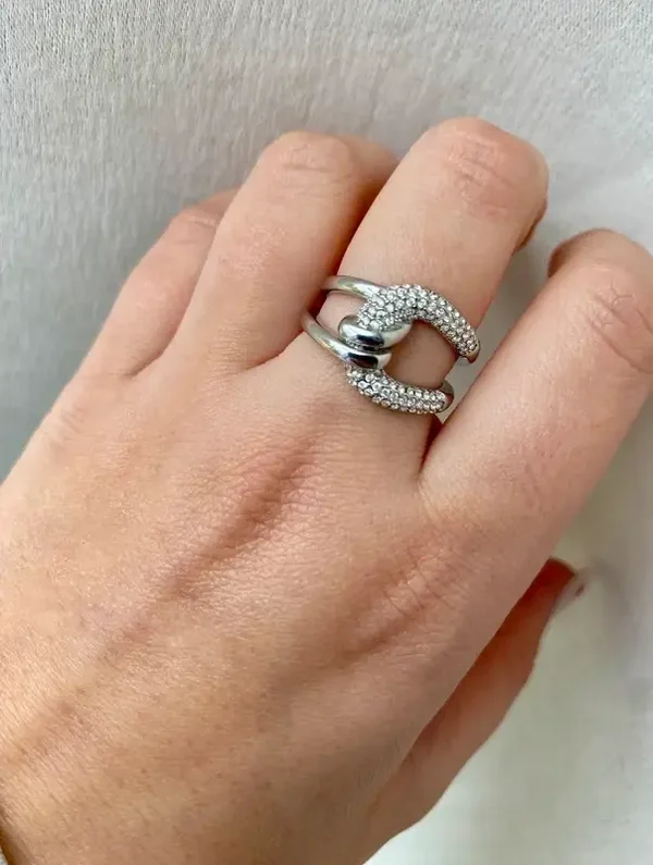Bague nœud acier inoxydable argenté et strass