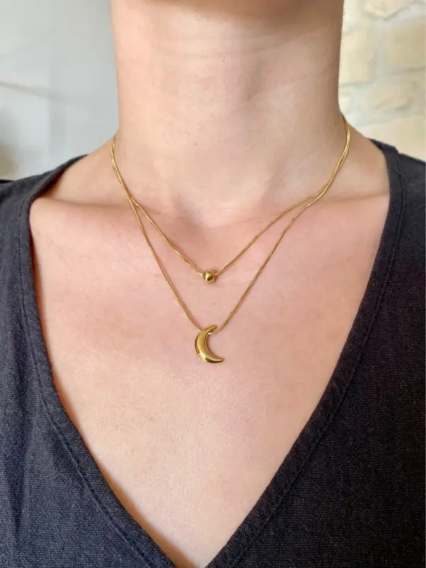 Collier acier inoxydable double lune et boule