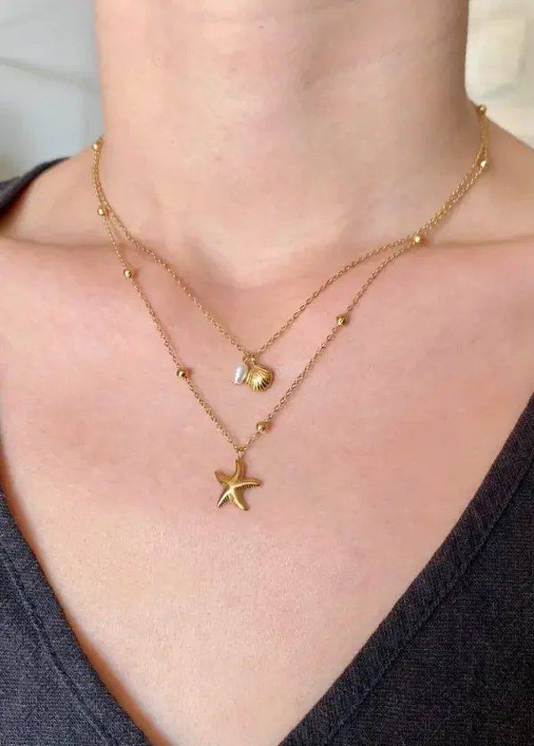 Collier double chaîne étoile de mer, coquillage et perle d'eau douce