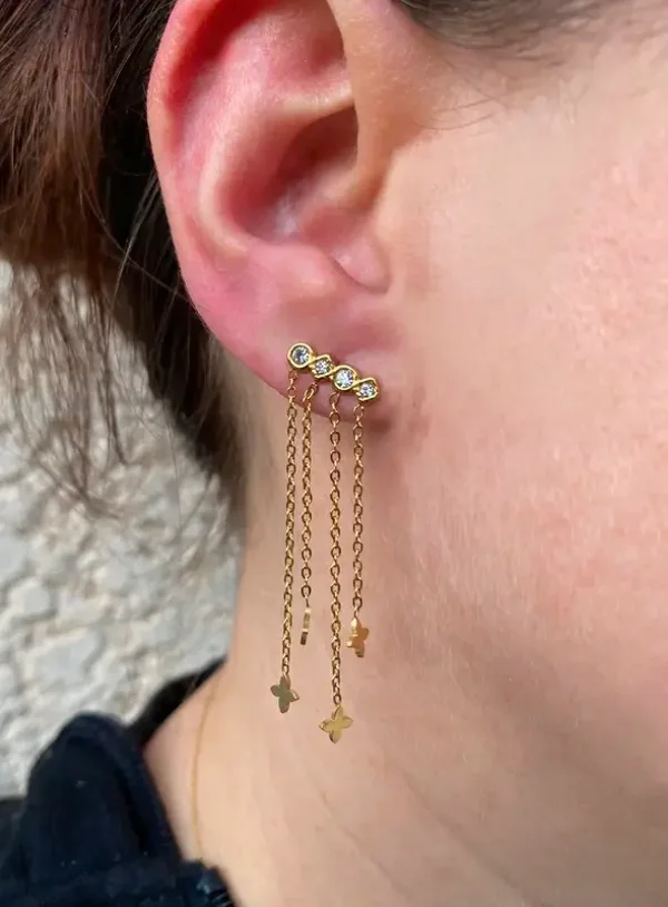 Boucles d’oreilles strass chaînettes et trèfles.