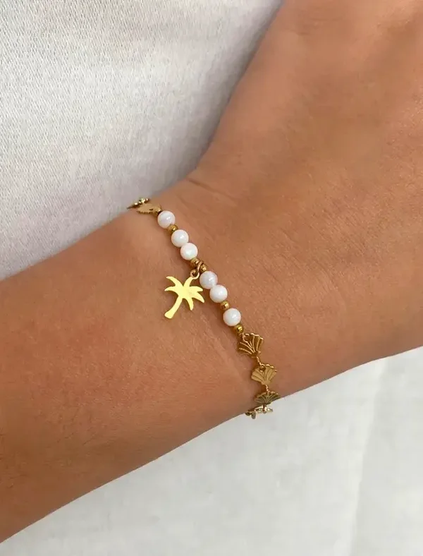 Bracelet palmier, coquillages et perles blanches