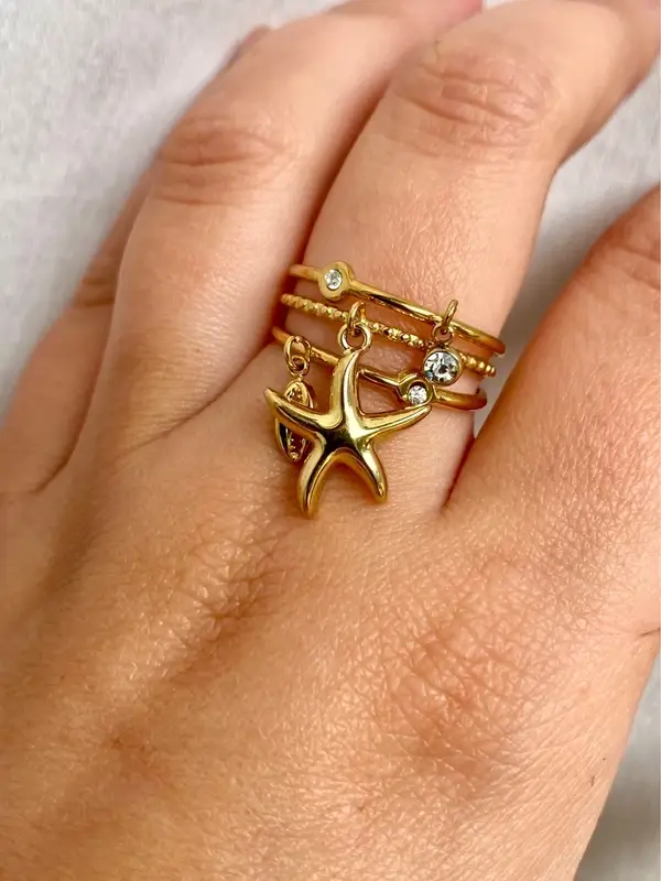 Bague 3 rangs pampilles étoile de mer coquillage et strass