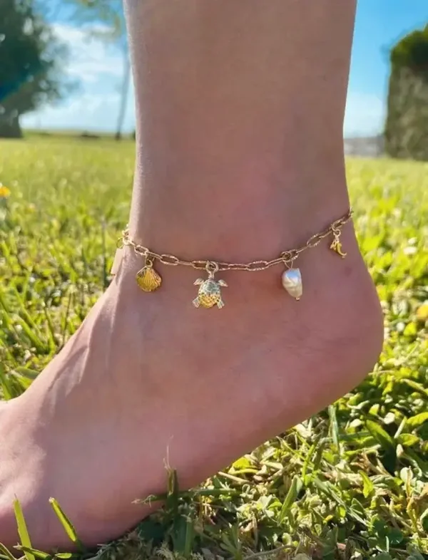 Chaîne de cheville perles d'eau douce, tortue