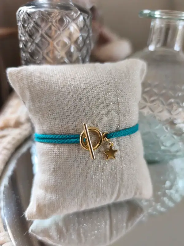 Bracelet cordon vert-bleu fermoir OT acier inoxydable