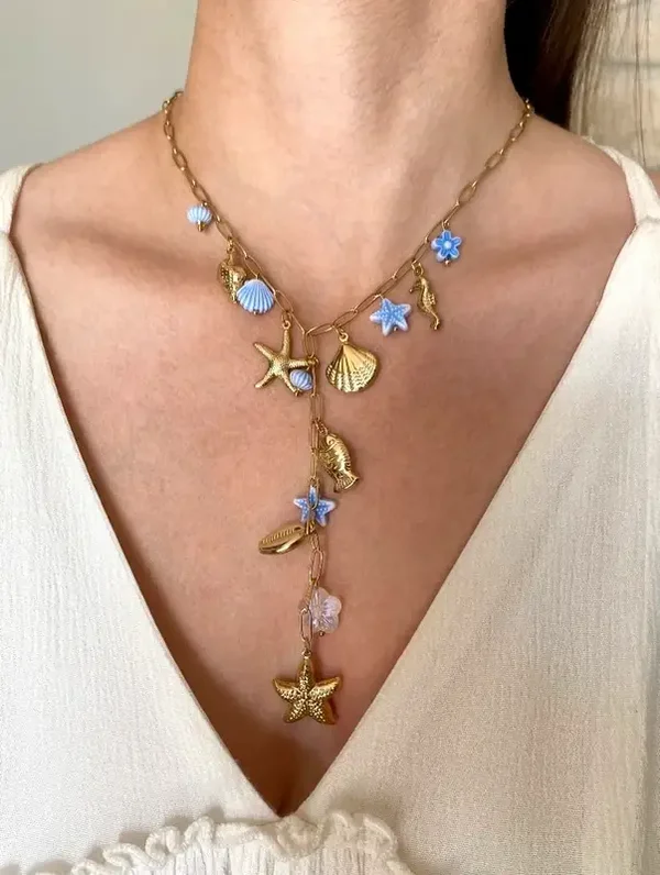 Collier Y Breloques étoile de mer coquillages et charmes bleus