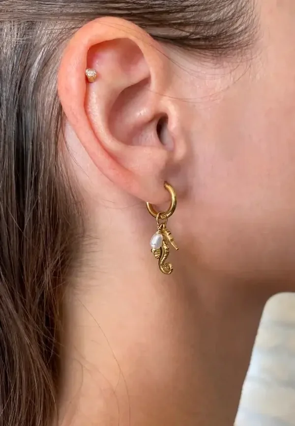 Boucles d’oreilles mini créoles hippocampe et perle blanches