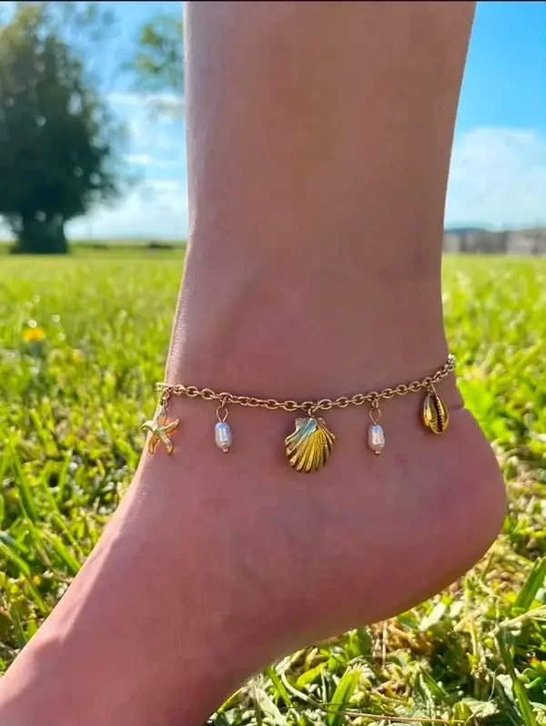 Chaine de cheville acier inoxydable étoile de mer, coquillages