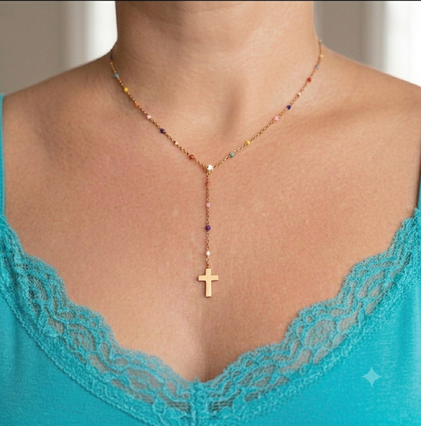 Collier email de couleur pendentif croix