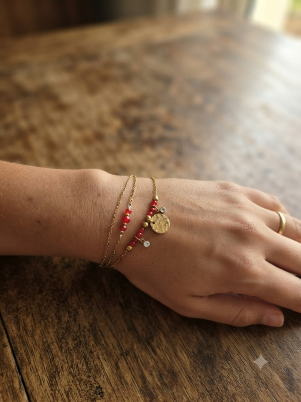 Bracelet 2 rangs pierres rouges